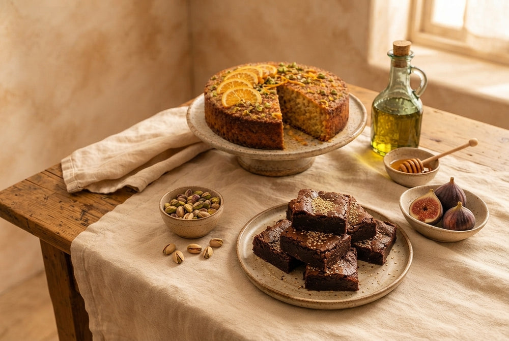 A plate of homemade tahini brownies and cake on a rustic kitchen table with warm amber lighting.